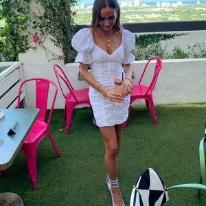 Olivaceous White Puff Sleeve Mini Dress